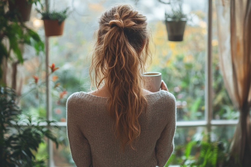 Back Shot of a Woman Standing in Front of a Window Facing a Garden with a Cup of Coffee (351)