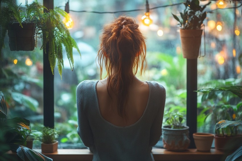 Back Shot of a Woman Standing in Front of a Window Facing a Garden with a Cup of Coffee (358)