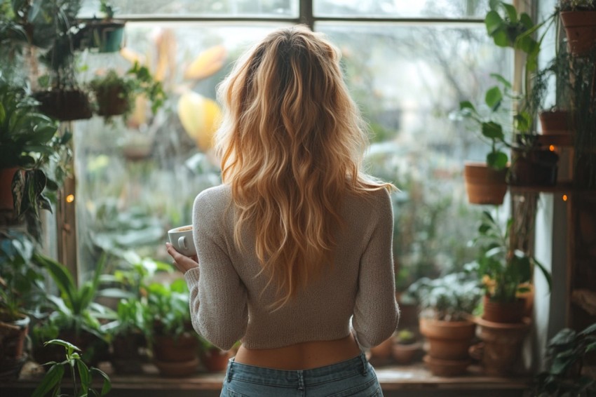 Back Shot of a Woman Standing in Front of a Window Facing a Garden with a Cup of Coffee (372)