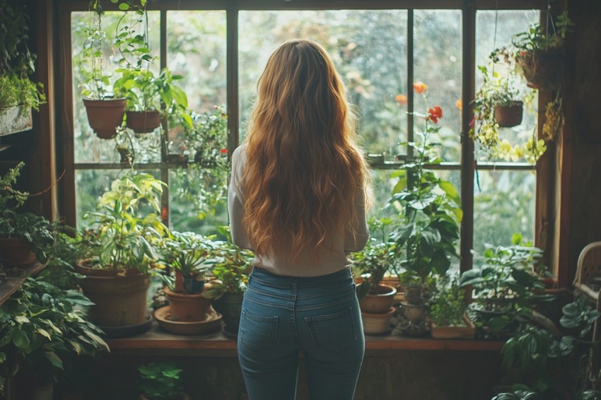 Back Shot of a Woman Standing in Front of a Window Facing a Garden with a Cup of Coffee (383)