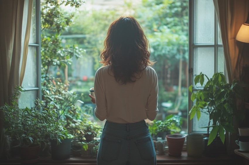 Back Shot of a Woman Standing in Front of a Window Facing a Garden with a Cup of Coffee (376)