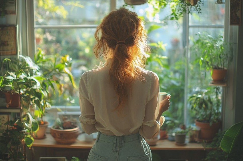 Back Shot of a Woman Standing in Front of a Window Facing a Garden with a Cup of Coffee (373)