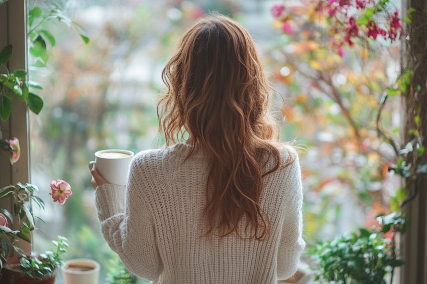 Back Shot of a Woman Standing in Front of a Window Facing a Garden with a Cup of Coffee (352)