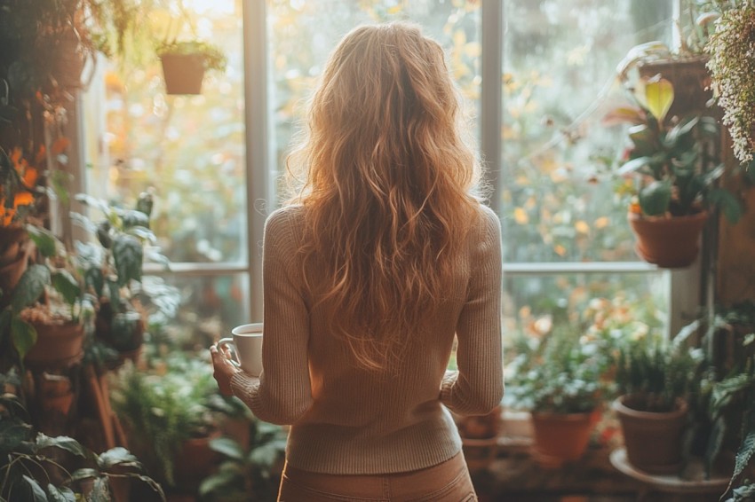 Back Shot of a Woman Standing in Front of a Window Facing a Garden with a Cup of Coffee (375)