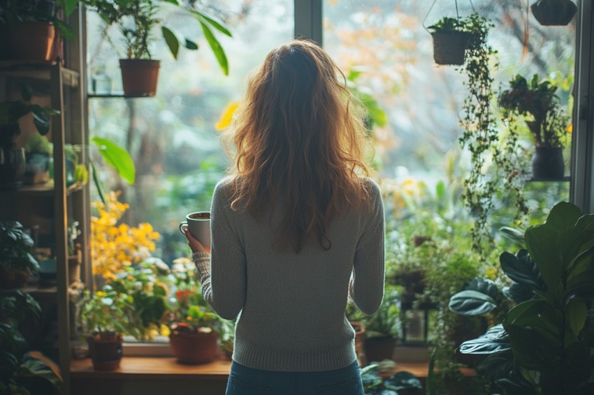 Back Shot of a Woman Standing in Front of a Window Facing a Garden with a Cup of Coffee (370)