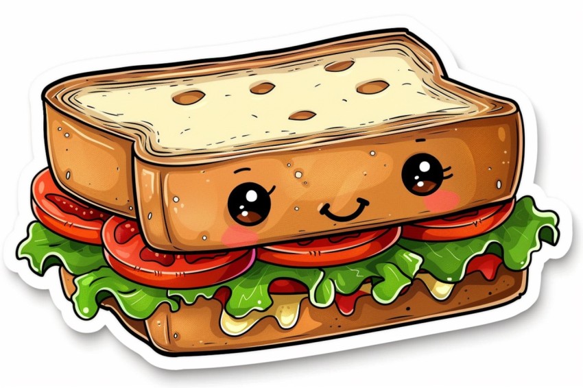 Cute Kawaii Stickers Cheerful Sandwich with Playful Pose on White Background (8)