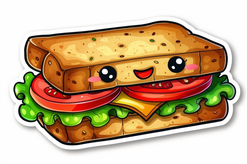 Cute Kawaii Stickers Cheerful Sandwich with Playful Pose on White Background (11)