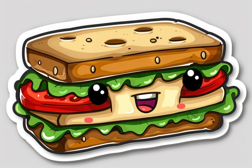 Cute Kawaii Stickers Cheerful Sandwich with Playful Pose on White Background (17)