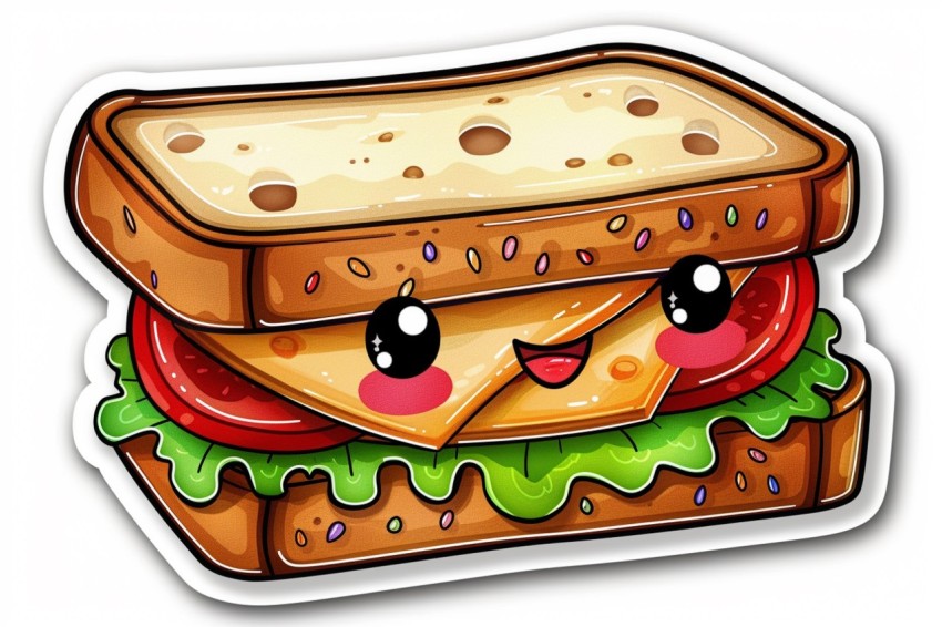 Cute Kawaii Stickers Cheerful Sandwich with Playful Pose on White Background (18)