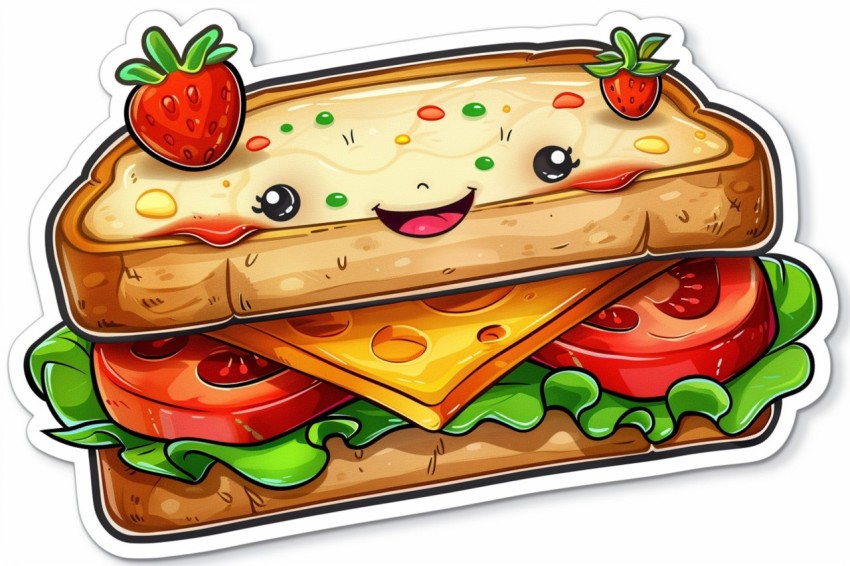 Cute Kawaii Stickers Cheerful Sandwich with Playful Pose on White Background (7)