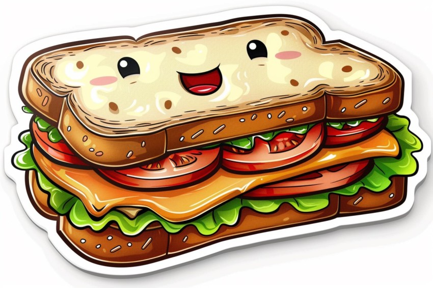 Cute Kawaii Stickers Cheerful Sandwich with Playful Pose on White Background (10)