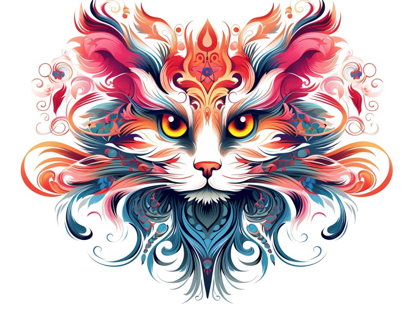Colorful Abstract Cat Face Head Vivid Colors Pop Art Vector Illustrations White Background (88)