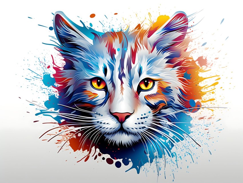 Colorful Abstract Cat Face Head Vivid Colors Pop Art Vector Illustrations White Background (60)