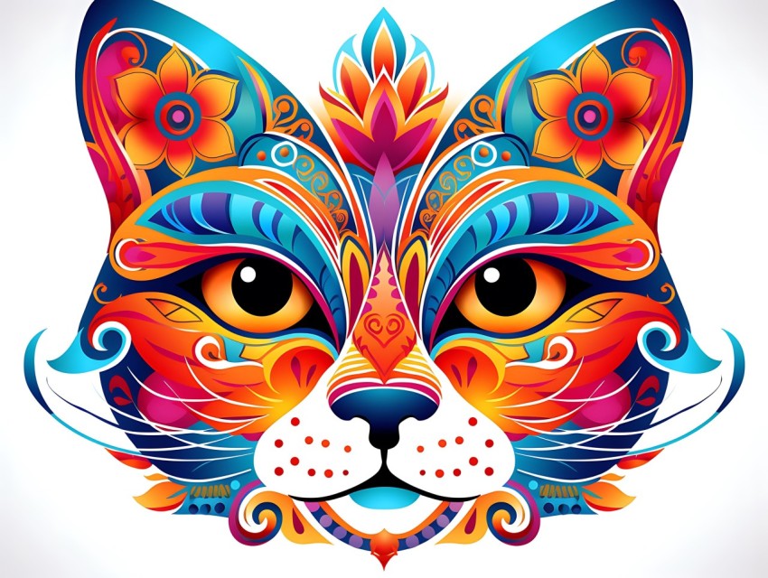 Colorful Abstract Cat Face Head Vivid Colors Pop Art Vector Illustrations White Background (92)