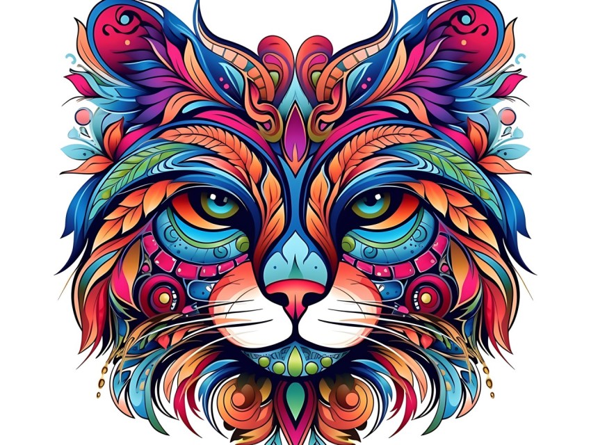 Colorful Abstract Cat Face Head Vivid Colors Pop Art Vector Illustrations White Background (90)