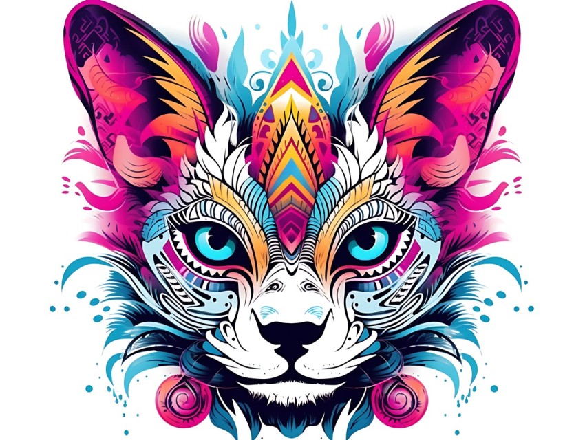 Colorful Abstract Cat Face Head Vivid Colors Pop Art Vector Illustrations White Background (89)