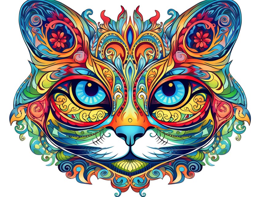 Colorful Abstract Cat Face Head Vivid Colors Pop Art Vector Illustrations White Background (57)