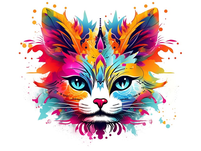 Colorful Abstract Cat Face Head Vivid Colors Pop Art Vector Illustrations White Background (121)