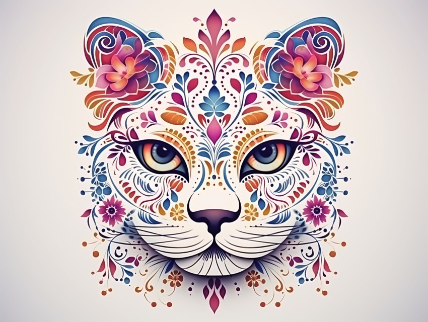 Colorful Abstract Cat Face Head Vivid Colors Pop Art Vector Illustrations White Background (123)