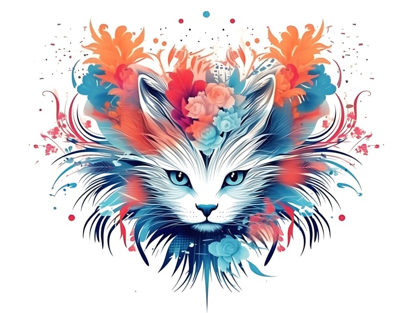 Colorful Abstract Cat Face Head Vivid Colors Pop Art Vector Illustrations White Background (110)