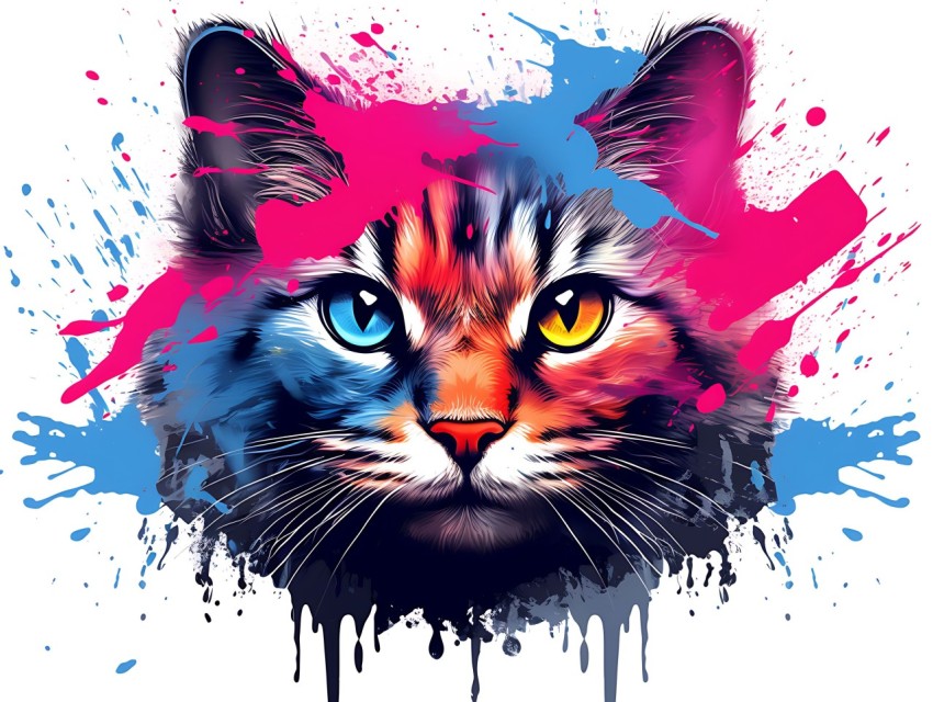 Colorful Abstract Cat Face Head Vivid Colors Pop Art Vector Illustrations White Background (146)