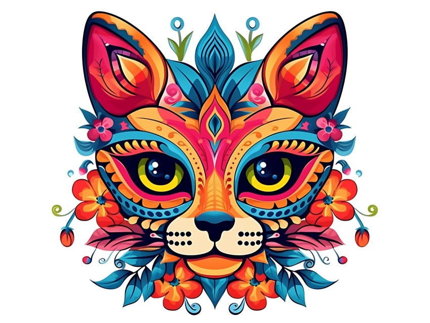 Colorful Abstract Cat Face Head Vivid Colors Pop Art Vector Illustrations White Background (115)