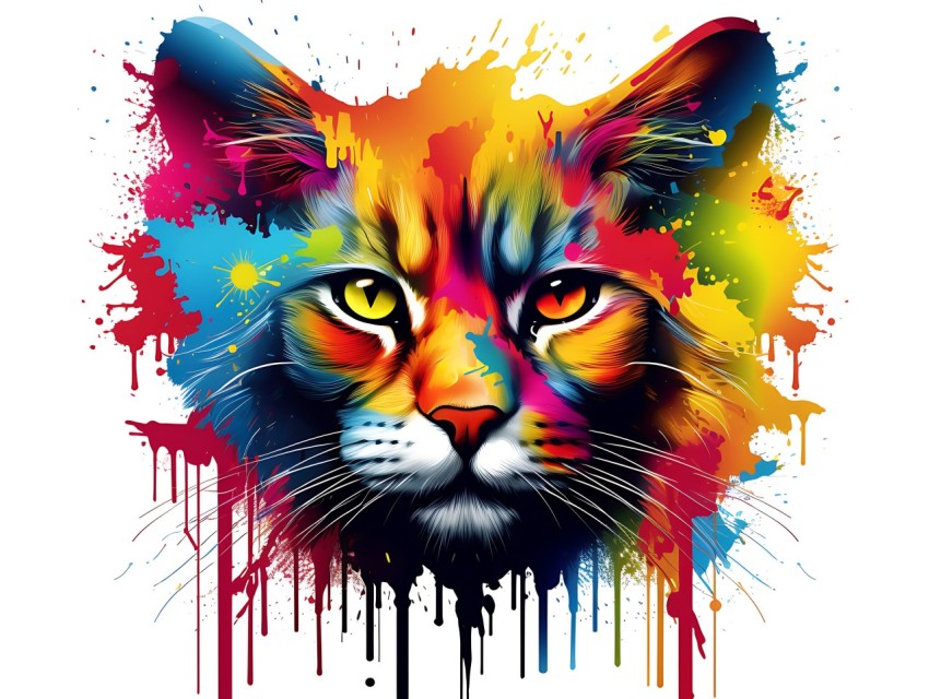 Colorful Abstract Cat Face Head Vivid Colors Pop Art Vector Illustrations White Background (103)