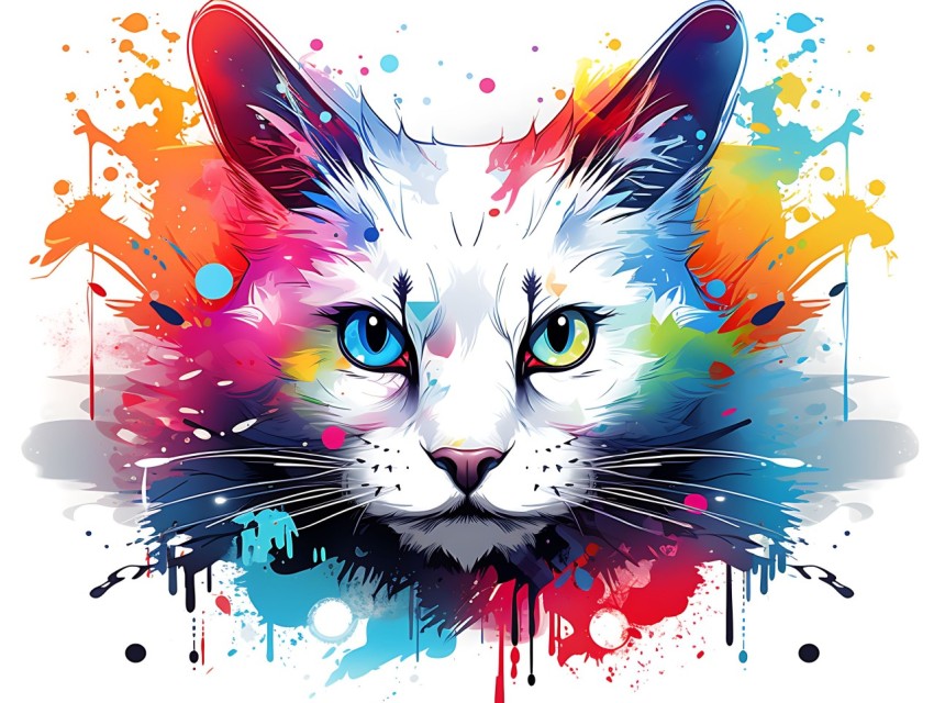 Colorful Abstract Cat Face Head Vivid Colors Pop Art Vector Illustrations White Background (113)