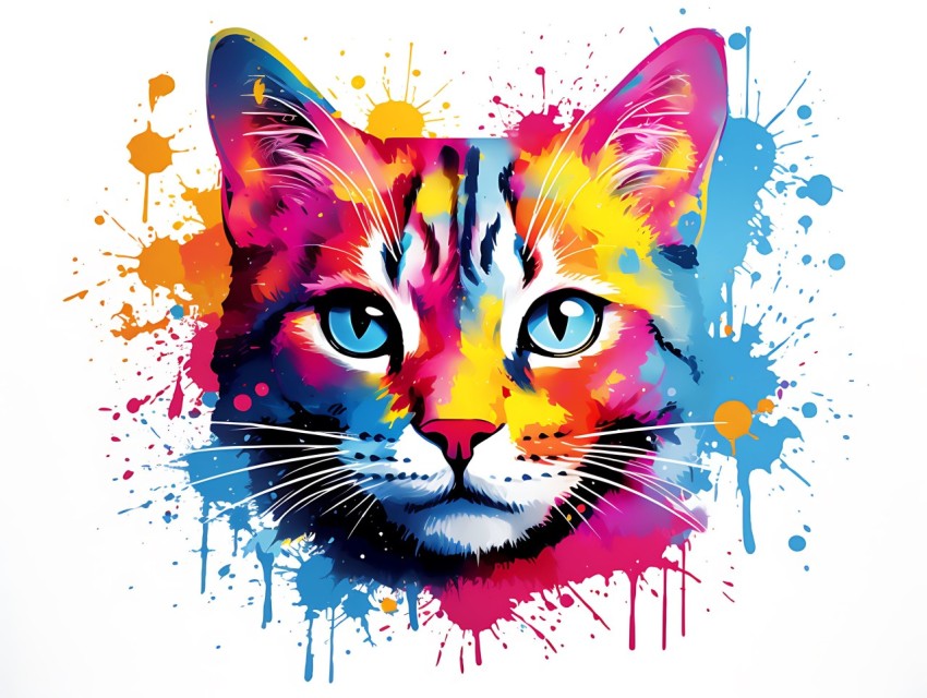 Colorful Abstract Cat Face Head Vivid Colors Pop Art Vector Illustrations White Background (145)