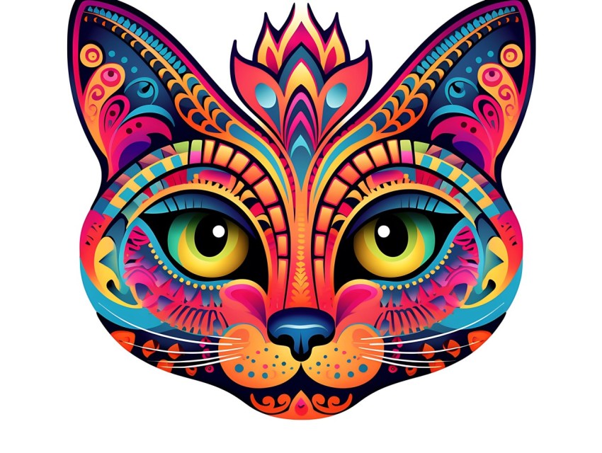 Colorful Abstract Cat Face Head Vivid Colors Pop Art Vector Illustrations White Background (106)
