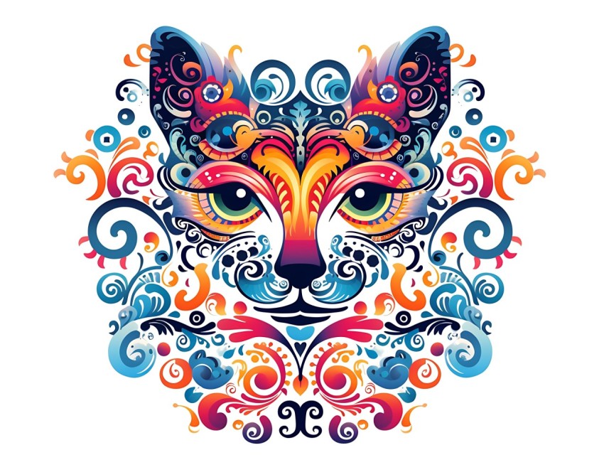 Colorful Abstract Cat Face Head Vivid Colors Pop Art Vector Illustrations White Background (124)