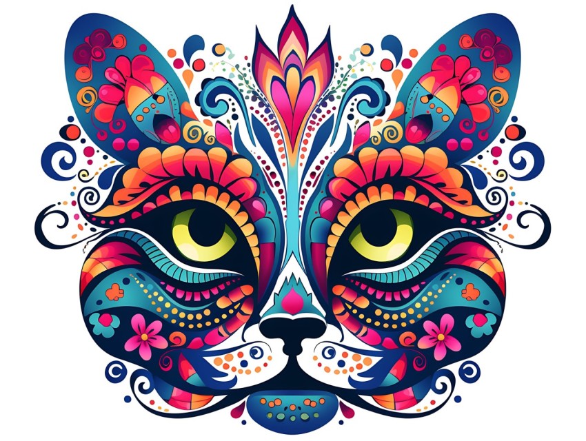 Colorful Abstract Cat Face Head Vivid Colors Pop Art Vector Illustrations White Background (122)