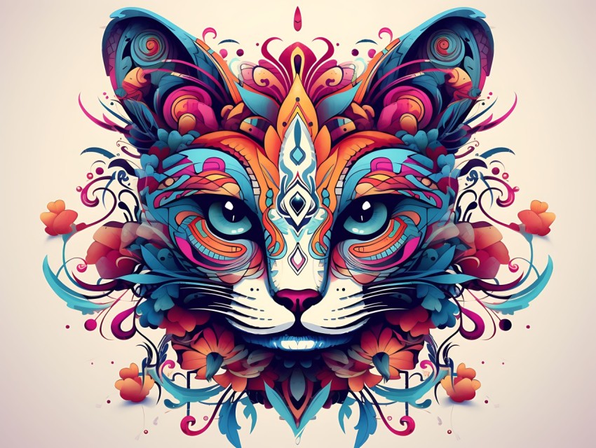 Colorful Abstract Cat Face Head Vivid Colors Pop Art Vector Illustrations White Background (134)