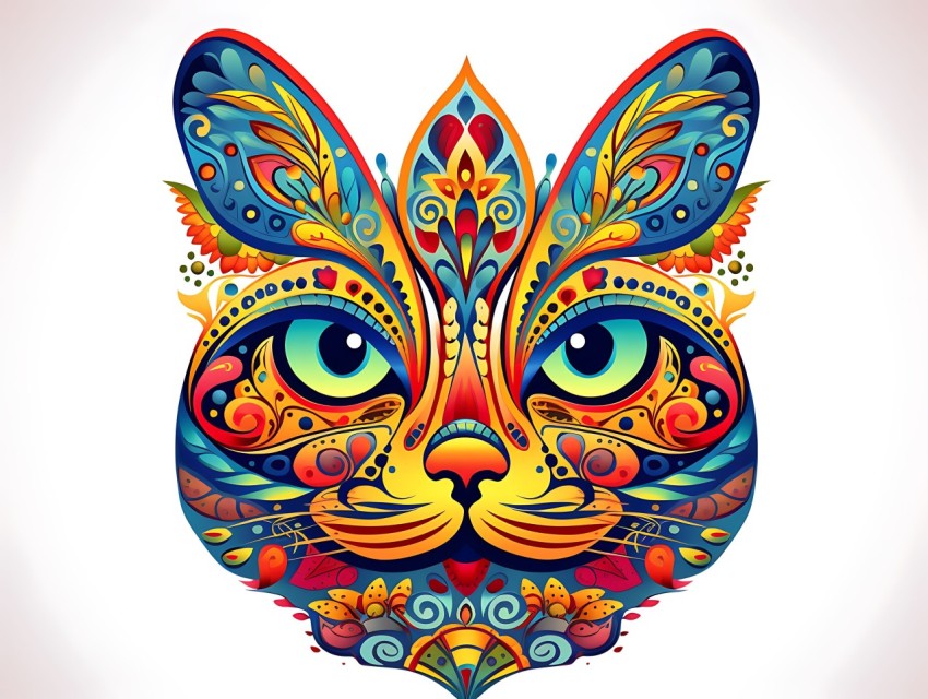 Colorful Abstract Cat Face Head Vivid Colors Pop Art Vector Illustrations White Background (129)
