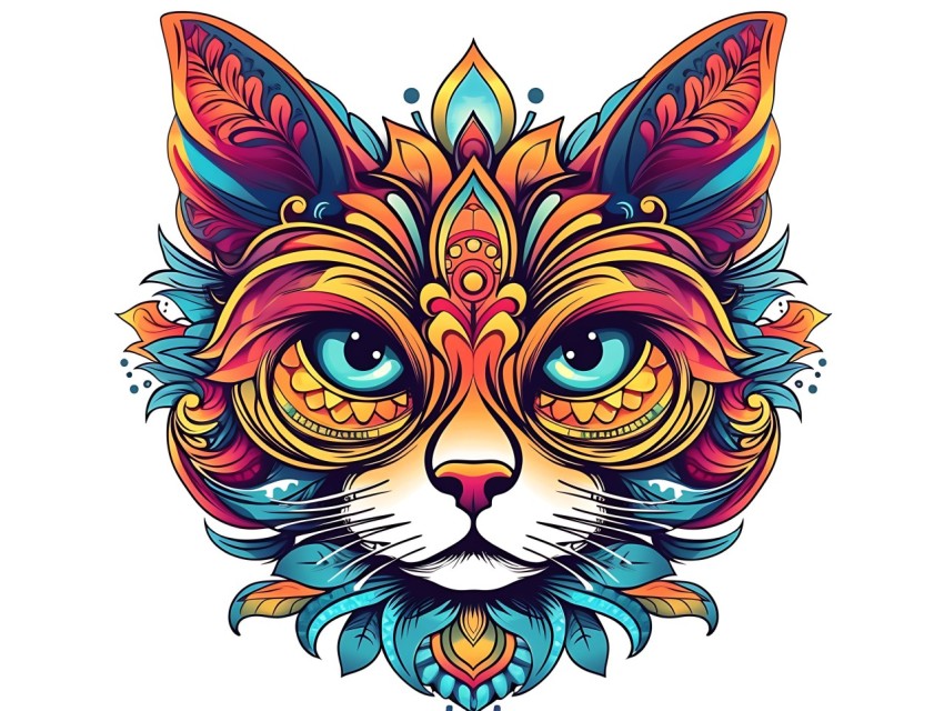 Colorful Abstract Cat Face Head Vivid Colors Pop Art Vector Illustrations White Background (109)