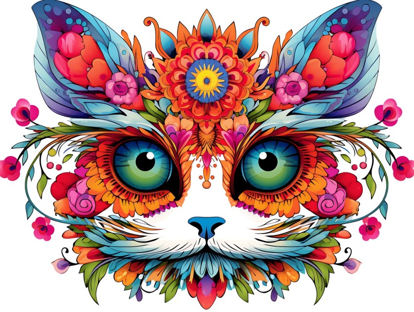 Colorful Abstract Cat Face Head Vivid Colors Pop Art Vector Illustrations White Background (135)