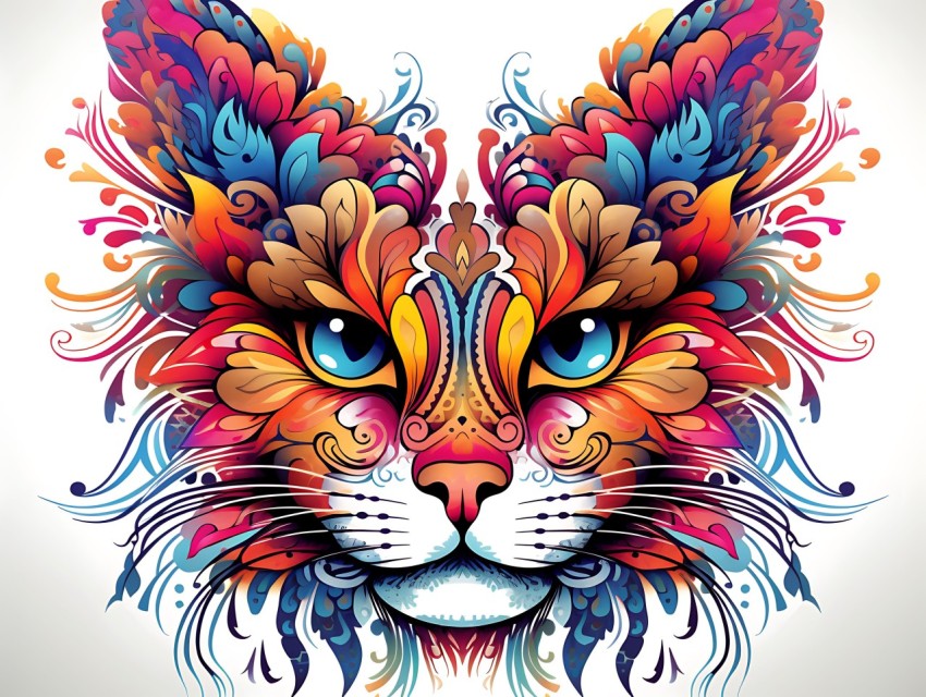 Colorful Abstract Cat Face Head Vivid Colors Pop Art Vector Illustrations White Background (133)