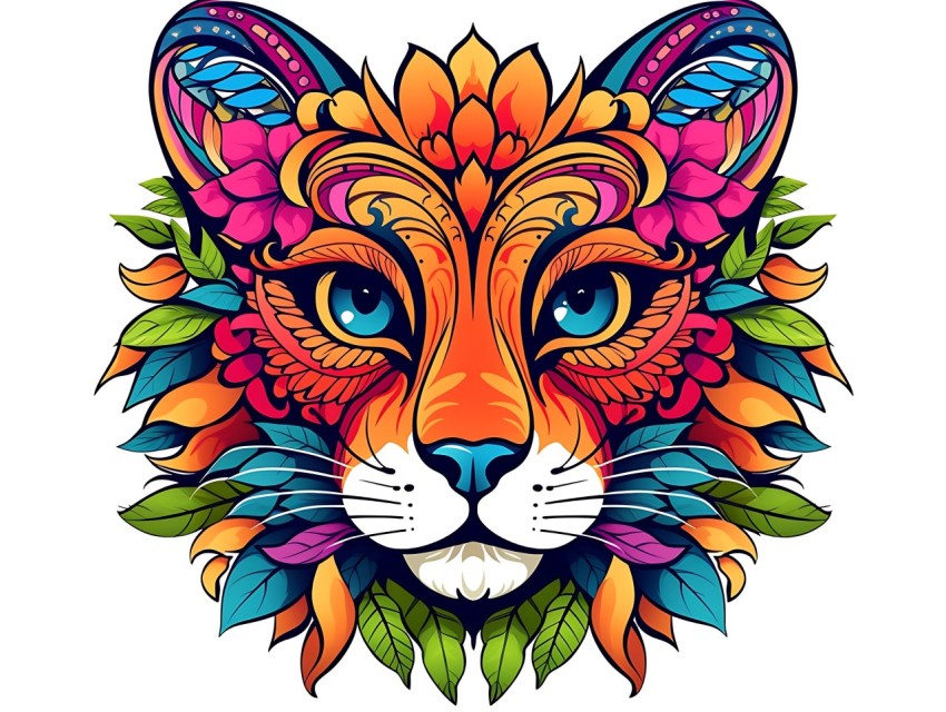 Colorful Abstract Cat Face Head Vivid Colors Pop Art Vector Illustrations White Background (160)
