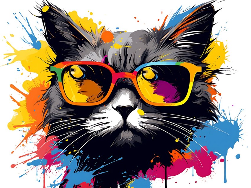 Colorful Abstract Cat Face Head Vivid Colors Pop Art Vector Illustrations White Background (183)
