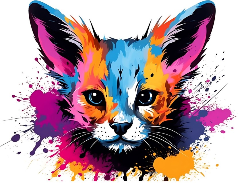 Colorful Abstract Cat Face Head Vivid Colors Pop Art Vector Illustrations White Background (177)
