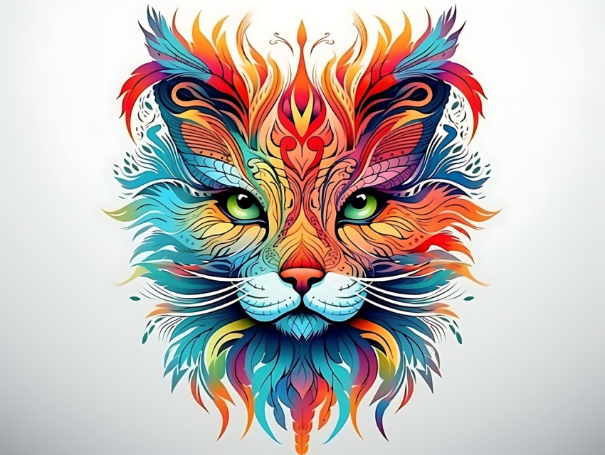 Colorful Abstract Cat Face Head Vivid Colors Pop Art Vector Illustrations White Background (178)
