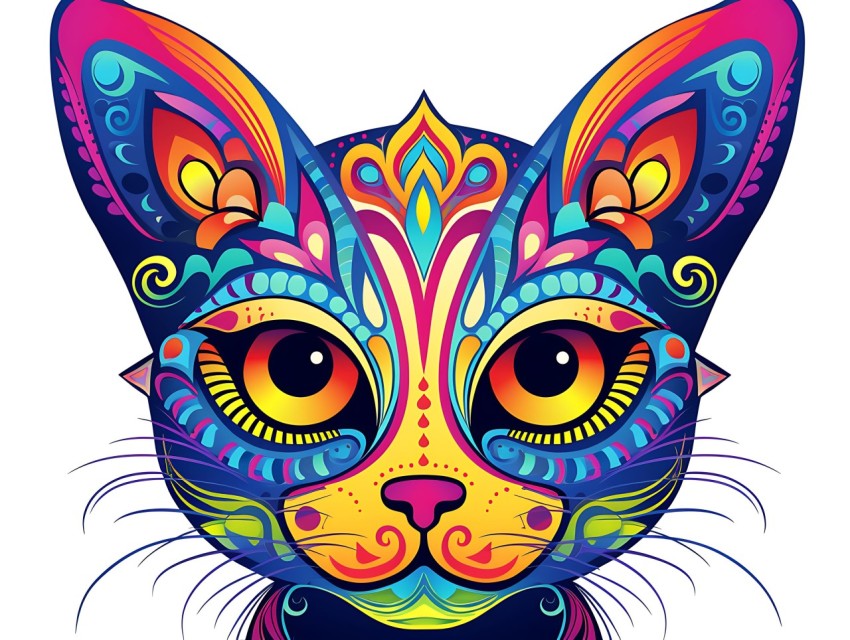 Colorful Abstract Cat Face Head Vivid Colors Pop Art Vector Illustrations White Background (166)