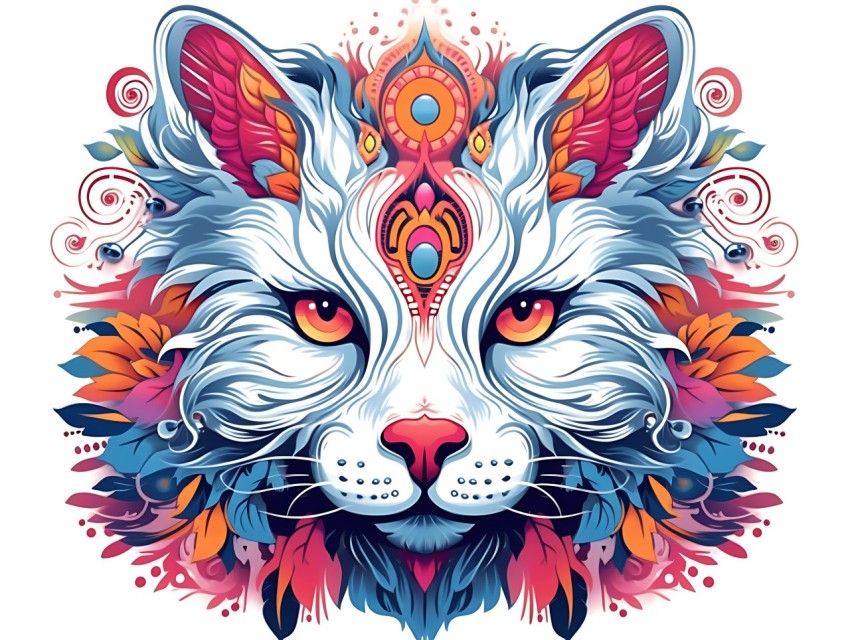 Colorful Abstract Cat Face Head Vivid Colors Pop Art Vector Illustrations White Background (165)