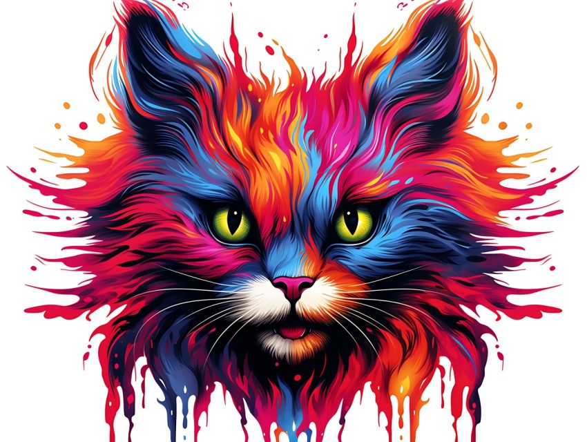 Colorful Abstract Cat Face Head Vivid Colors Pop Art Vector Illustrations White Background (172)