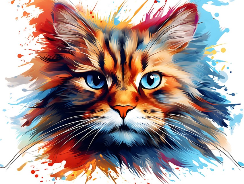 Colorful Abstract Cat Face Head Vivid Colors Pop Art Vector Illustrations White Background (163)