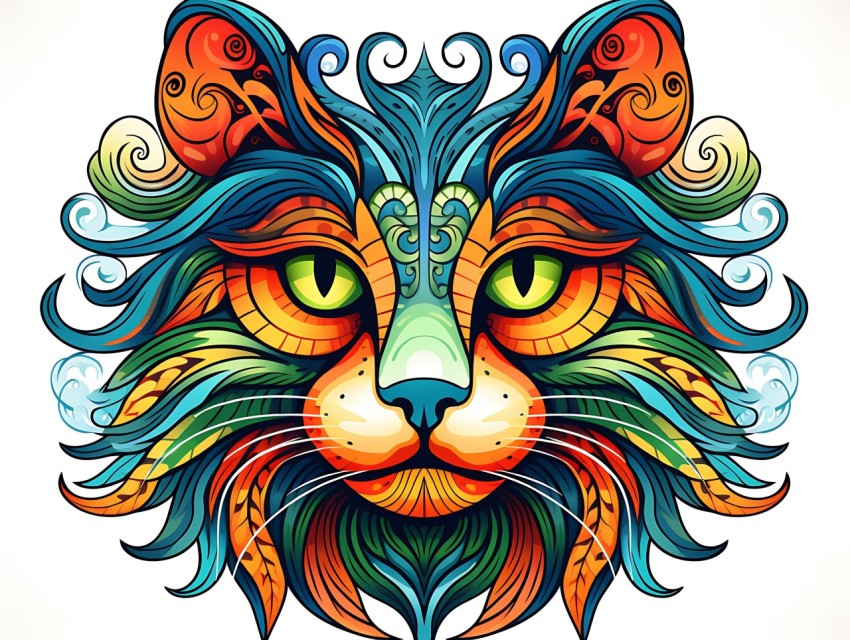 Colorful Abstract Cat Face Head Vivid Colors Pop Art Vector Illustrations White Background (181)