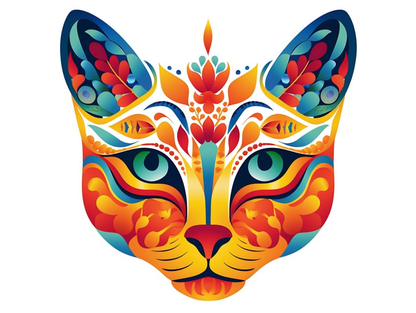 Colorful Abstract Cat Face Head Vivid Colors Pop Art Vector Illustrations White Background (230)