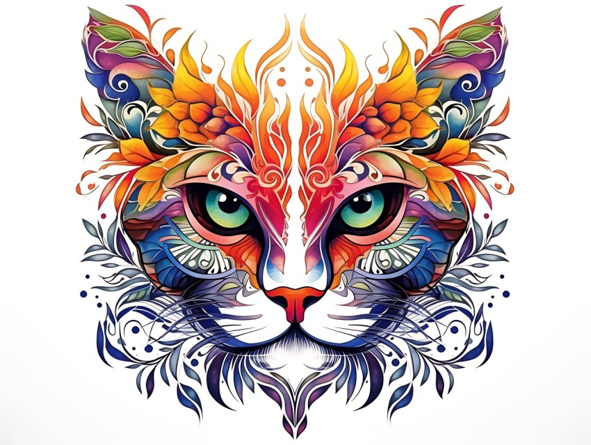 Colorful Abstract Cat Face Head Vivid Colors Pop Art Vector Illustrations White Background (246)