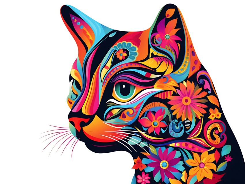 Colorful Abstract Cat Face Head Vivid Colors Pop Art Vector Illustrations White Background (227)