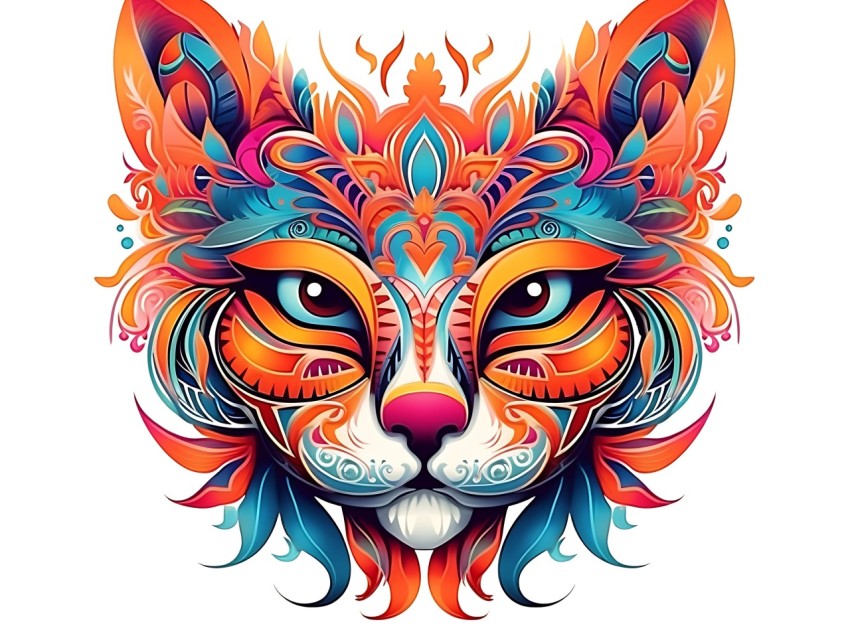 Colorful Abstract Cat Face Head Vivid Colors Pop Art Vector Illustrations White Background (233)